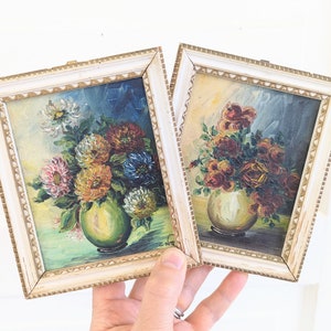 Pair Small Floral Paintings, Vintage Flower Oil Painting, Vintage Rose Painting, Small Vintage Floral Paintings, Floral Still life Painting
