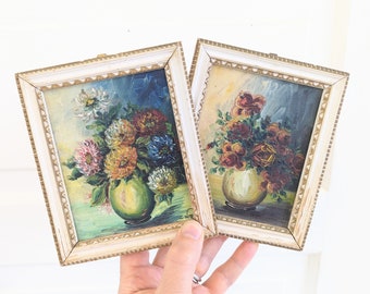 Pair Small Floral Paintings, Vintage Flower Oil Painting, Vintage Rose Painting, Small Vintage Floral Paintings, Floral Still life Painting