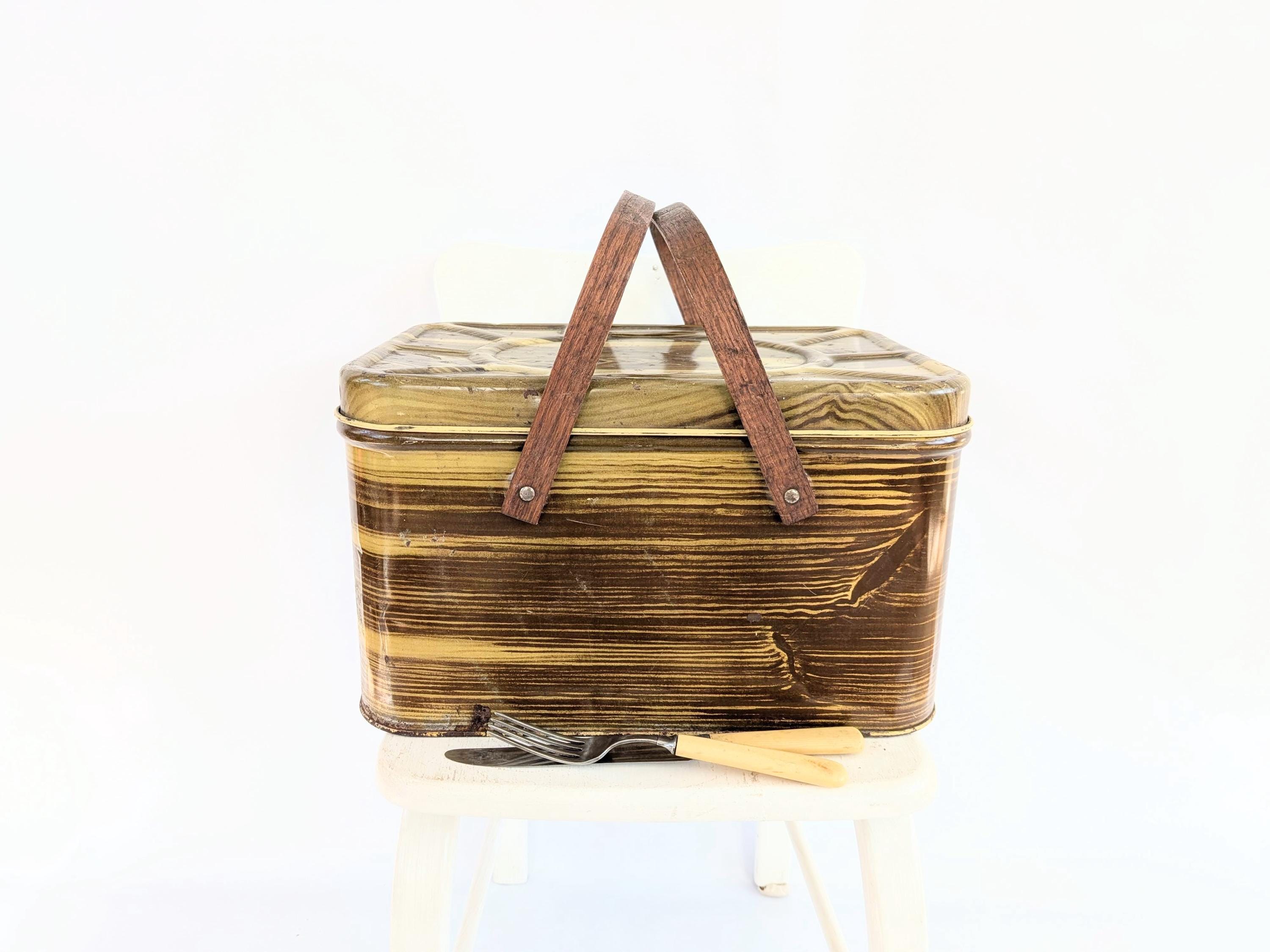 Vintage Metal Picnic Basket, Faux Wood Basket, Metal Box, Vintage