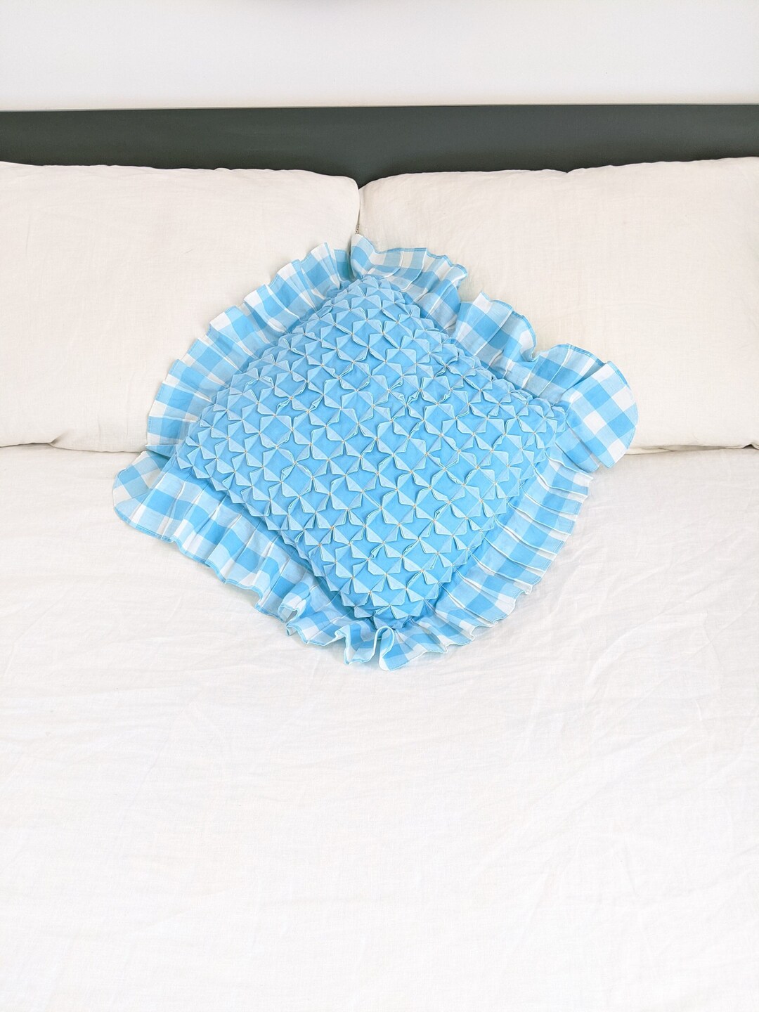 Vintage Aqua Pillow Cover, Blue Gingham Pillow Case, Vintage Pillow