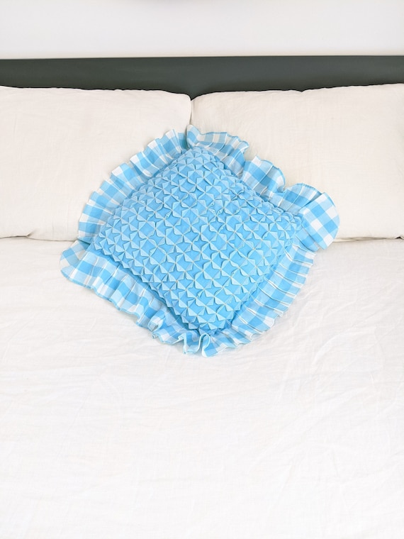 Vintage Aqua Pillow Cover, Blue Gingham Pillow Case, Vintage Pillow Case, Vintage Aqua Blue Pillow Cover, Vintage Girl Pillow, Quilted Cover