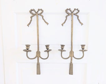 Pair of Hanging Brass Candle Holders, Vintage Brass Sconces, Brass Bows, Brass Candle Sconces, Hanging Brass Candlesticks, Brass Bow Candle