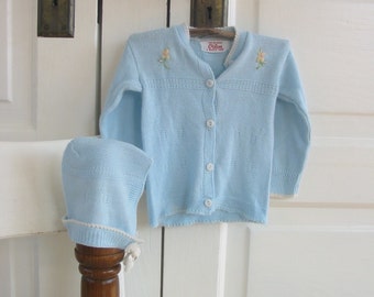 Vintage Blue Baby Sweater, Vintage Baby Cardigan, Vintage Blue Baby Sweater, Baby Girl Sweater, 6 to 12 Months, Vintage Baby Hat Bonnet