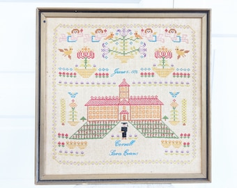 Vintage Cross Stitch Sampler, Vintage Embroidery, Vintage Cornell University, Vintage School Cross Stitch, Hand Sewn Kitsch, Colorful