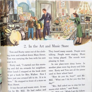 May include: Two children are shopping in a music store. The store has a variety of musical instruments, including drums, horns, and music boxes. The store also sells greeting cards and pictures. The text on the sign above the greeting cards reads "Greeting Cards for all Occasions".