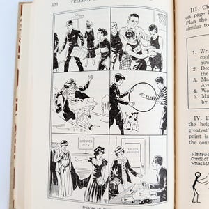 K&ouml;nnte beinhalten: Offenes Buch mit Schwarz-Wei&szlig;-Illustrationen. Die Seite zeigt einen Comic-Strip mit Szenen von interagierenden Menschen, mit dem Text "TELLING AND PLAYING STORIES" und "DRAMA IN EVERYDAY LIFE".