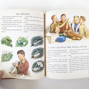 May include: A vintage children's book illustration showing a group of children learning about the origins of clothing materials. The text reads "Clothes from Wood, Milk, Soybeans, and Coal".