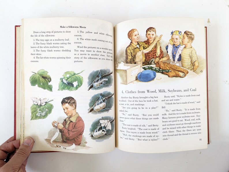 May include: A vintage children's book illustration showing a group of children learning about the origins of clothing materials. The text reads "Clothes from Wood, Milk, Soybeans, and Coal".