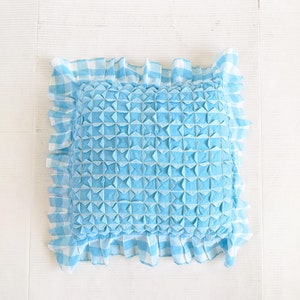 Op de afbeelding: Een blauw en wit geruit kussen met een gerimpelde rand. Het kussen is gevuld met een gestikt patroon dat een textuur cre&euml;ert.