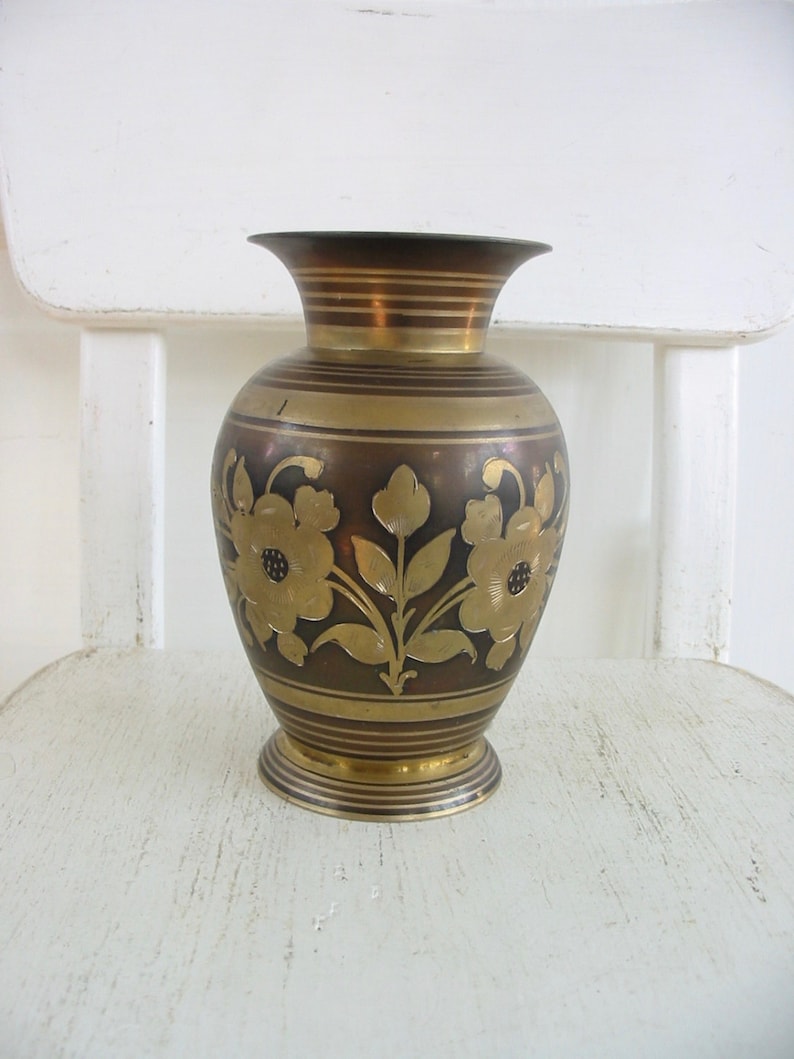 Pair Vintage Brass Vase Brass Urn Vintage Metal Vase Etsy