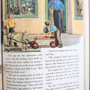 May include: A colorful illustration of a man teaching children how to dance the corn dance. The illustration includes a red wagon, a goat, and a sign that says "Westport Zoo".