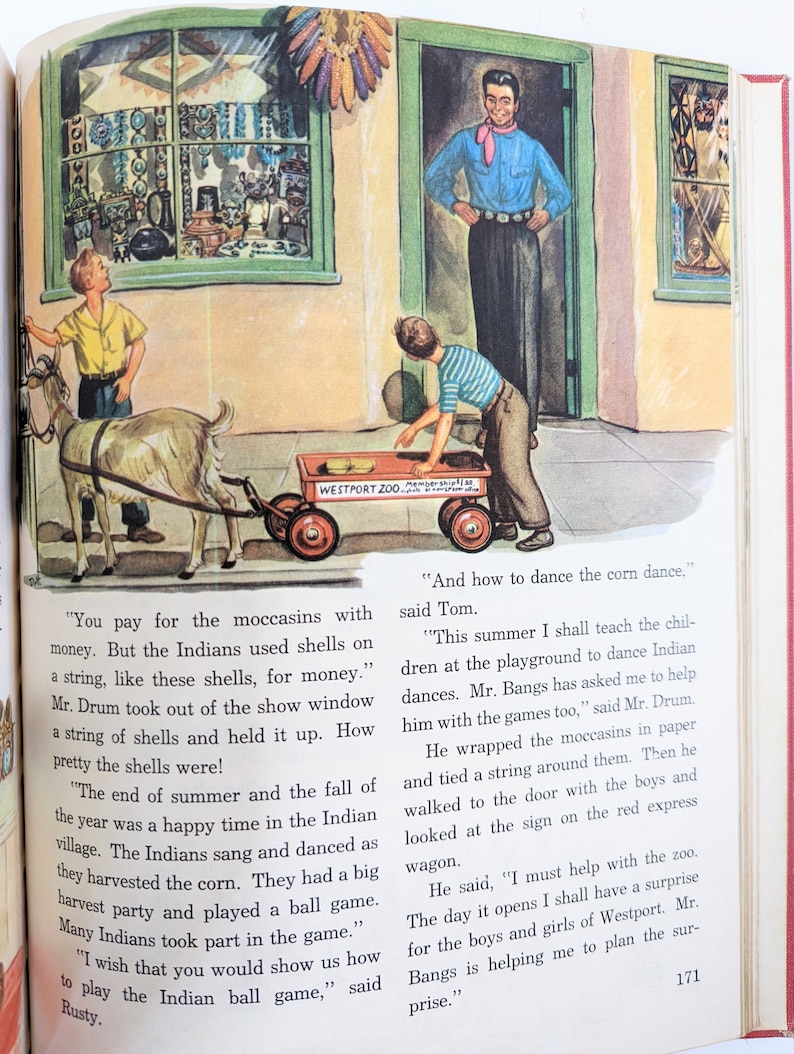 May include: A colorful illustration of a man teaching children how to dance the corn dance. The illustration includes a red wagon, a goat, and a sign that says "Westport Zoo".