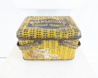 Vintage Tobacco Tin, Vintage Tobacco Metal Basket, Yellow Metal Basket, Sensation Smoking Tobacco Tin, Smoking Tobacco Basket, Metal Box