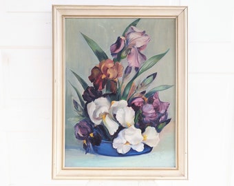 Large Vintage Iris Painting, Vintage Flower Painting, Purple Iris Flower Painting, Vintage Iris Floral Painting, Vintage Floral Oil Painting