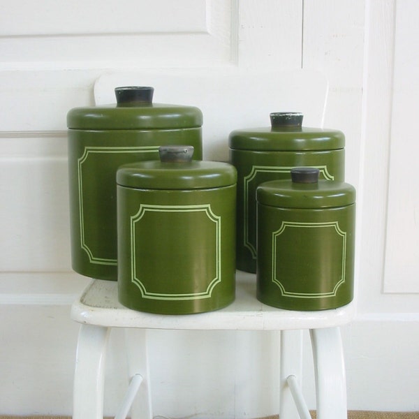 Vintage Canister Set Retro Kitchen Avocado Green Metal Flour Sugar Coffee Tea