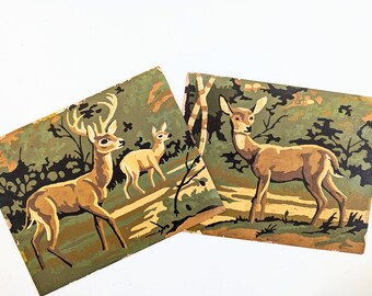 Pair Vintage Deer Paint By Number, Vintage Deer Painting, Landscape Paint by Number, Vintage Deer PBN,  Pair Vintage Deer Paintings, Green