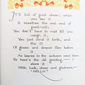 Pode incluir: Um cart&atilde;o de felicita&ccedil;&otilde;es vintage com uma borda floral amarela e vermelha. O cart&atilde;o apresenta um poema sobre a alegria e o envio da mesma. O poema termina com a frase "HELLO!"