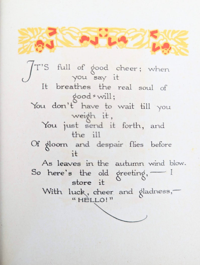 Pode incluir: Um cart&atilde;o de felicita&ccedil;&otilde;es vintage com uma borda floral amarela e vermelha. O cart&atilde;o apresenta um poema sobre a alegria e o envio da mesma. O poema termina com a frase "HELLO!"