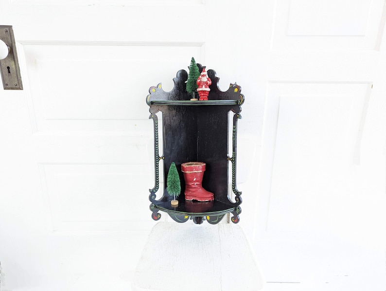 Vintage Corner Shelf, Vintage Wood Shelf, Wood Display Shelf, Black Corner Shelf, Hand Painted Shelf, Bathroom Kitchen Shelf, Folk Art Shelf image 7