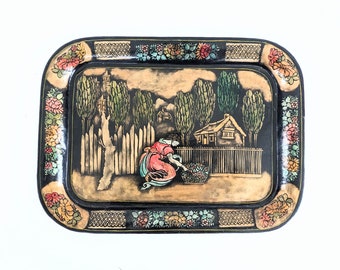 Large Vintage Metal Tray, Vintage Black Tray, Vintage Serving Tray, Vintage Hand Painted Tray of Gardener, Vintage Decorative Tray, Trees