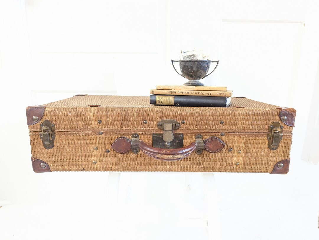 Antique Woven Suitcase, Vintage Wicker Suitcase, Vintage Brown Suitcase
