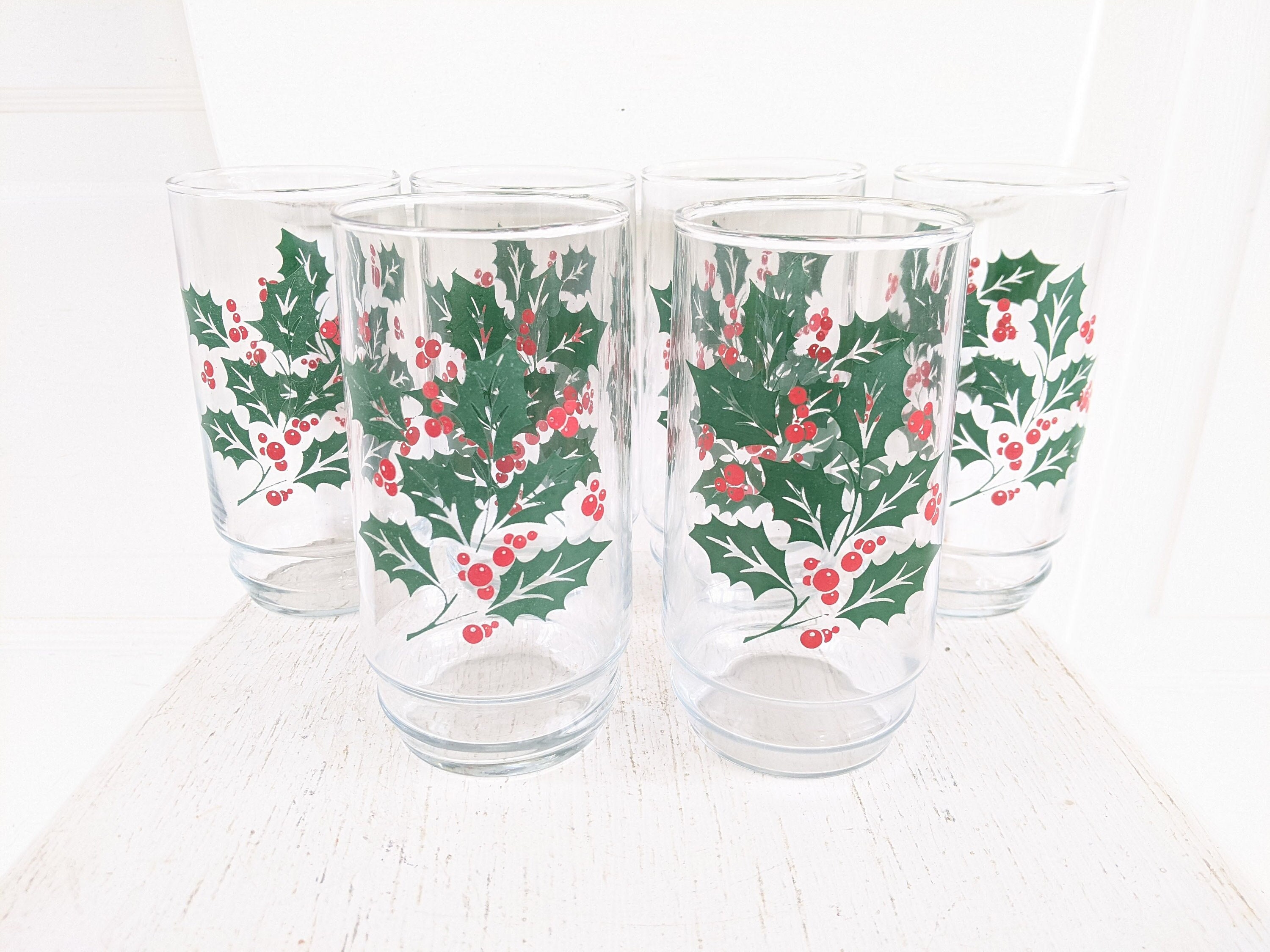 Set of 8 Vintage 12 Oz Tumblers Holly Design by INDIANA GLASS Christmas  Glasses Holiday Table Festive Drinkware 5.5 X 2.75 