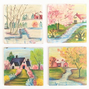 Small Vintage Four Seasons Paintings, Vintage Seasons Paintings, Small Spring Painting, Vintage Summer Painting, Small Fall Painting, Winter image 10