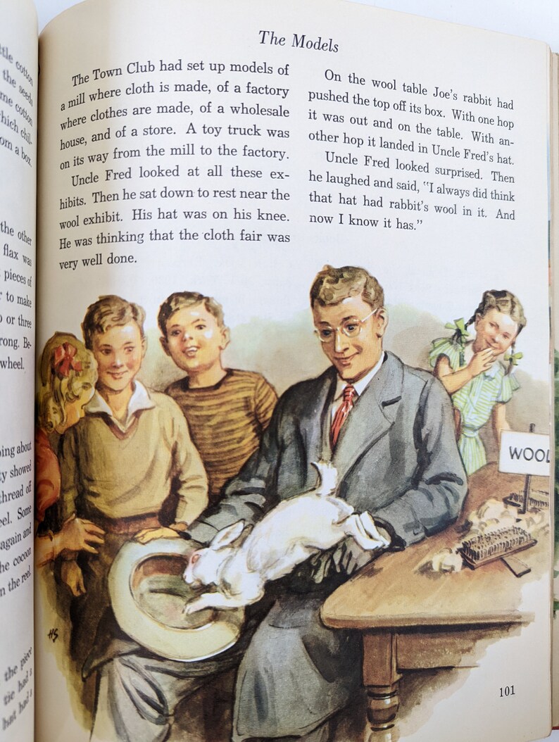 May include: A group of children are looking at a white rabbit sitting on a hat. The rabbit is on a table with a sign that says "Wool" and a comb with wool on it. The children are wearing sweaters and one is wearing a hat.