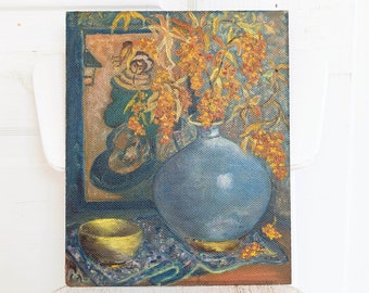 Vintage Fall Floral Painting, Vintage Blue Orange Painting, Vintage Floral Still Life Painting, Vintage Asian Painting, Orange Flower Art