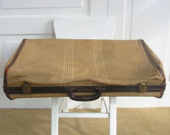 Large Vintage Suitcase, Soft Suitcase,  Brown Striped Suitcase, Industrial Fabric Canvas Suitcase, Antique Suitcase, Vintage Garment Bag