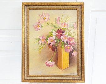 Vintage Cosmos Painting, Vintage Floral Painting, Framed Flowers Painting, Gold Framed Floral Painting, Vintage Pink Flowers Painting, Cosmo