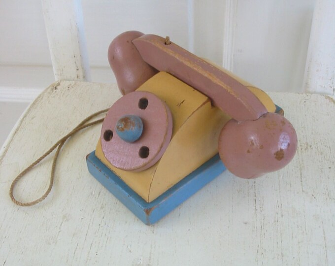 Vintage Toy Phone Wood Telephone Child Pink Yellow Etsy