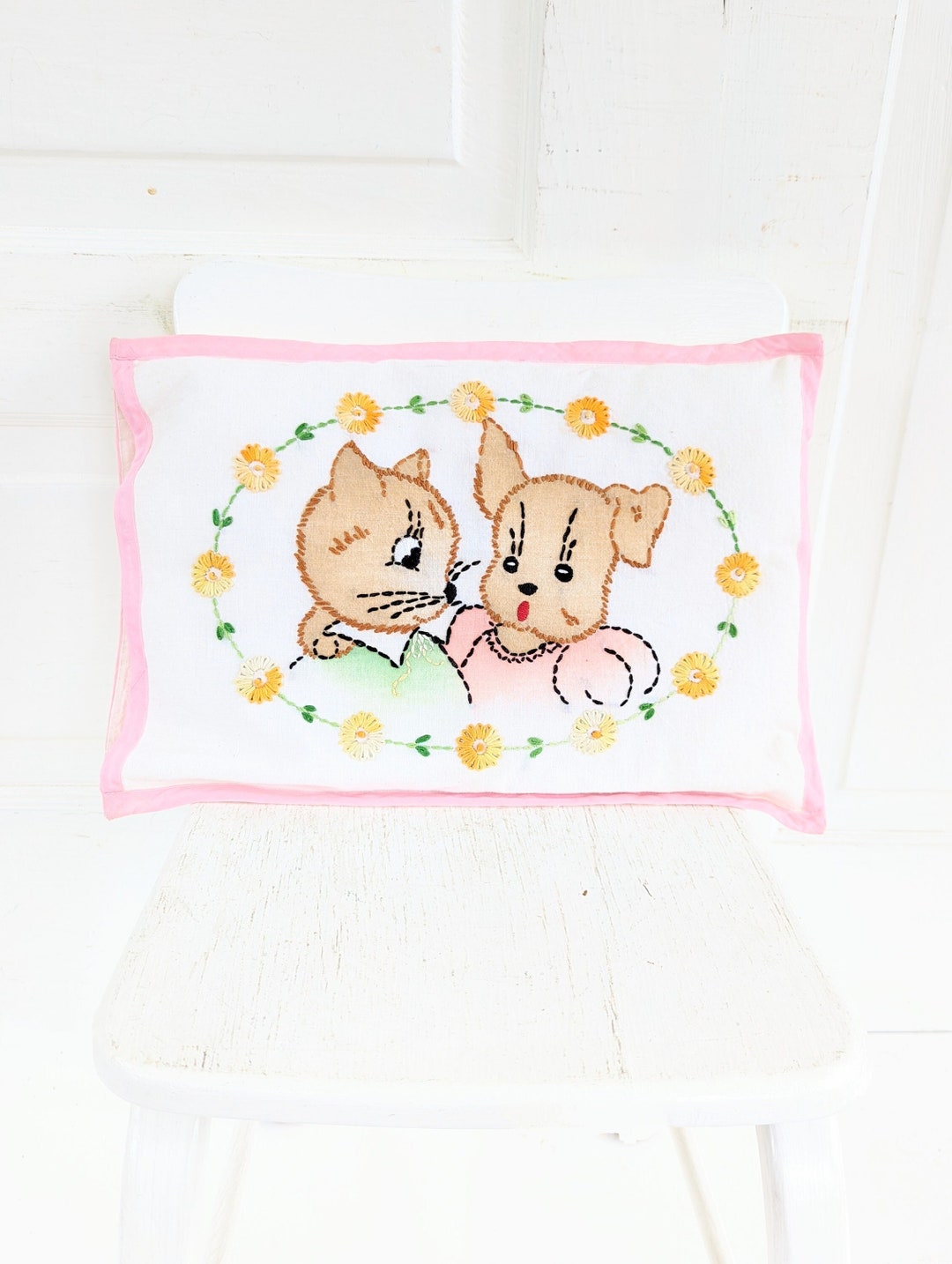 Vintage Embroidered Dog Pillow Embroidered Pillow Vintage Etsy