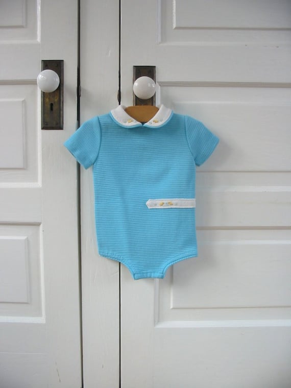 Vintage Baby Bodysuit, Aqua Blue Boy Shirt, Vinta… - image 1