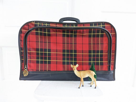 Vintage Plaid Suitcase, Vintage Red Suitcase, Vin… - image 1