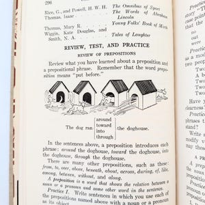 K&ouml;nnte beinhalten: Offene Buchseite mit Text und Illustrationen. Der Titel "Talking Together" steht oben. Die Seite enth&auml;lt eine Lektion &uuml;ber Pr&auml;positionen mit Zeichnungen von Hunden und Hundeh&uuml;tten. Der Text erkl&auml;rt Pr&auml;positionen und gibt Beispiele.