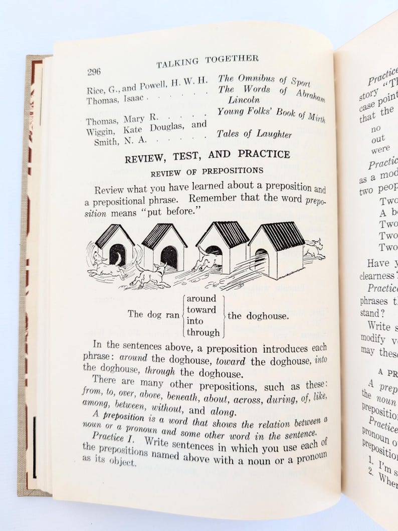 K&ouml;nnte beinhalten: Offene Buchseite mit Text und Illustrationen. Der Titel "Talking Together" steht oben. Die Seite enth&auml;lt eine Lektion &uuml;ber Pr&auml;positionen mit Zeichnungen von Hunden und Hundeh&uuml;tten. Der Text erkl&auml;rt Pr&auml;positionen und gibt Beispiele.
