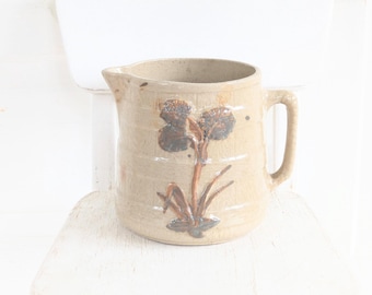 Large Vintage Stoneware Pitcher, Vintage Floral Pitcher, Vintage Pitcher with Gray Flowers, Antique Farmhouse Pitcher, Antique Pitcher