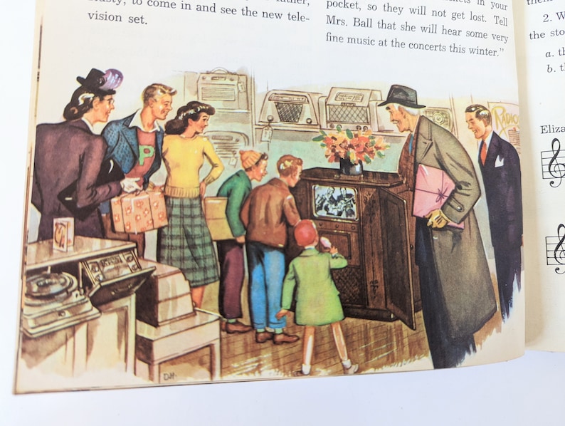 May include: A group of people are gathered around a large, wooden cabinet with a television screen. The cabinet is decorated with a floral arrangement. The people are smiling and appear to be enjoying themselves. The text on the page reads: "W come in and see the new television set.  2. W the sto a. th b. t MADO Eliza"