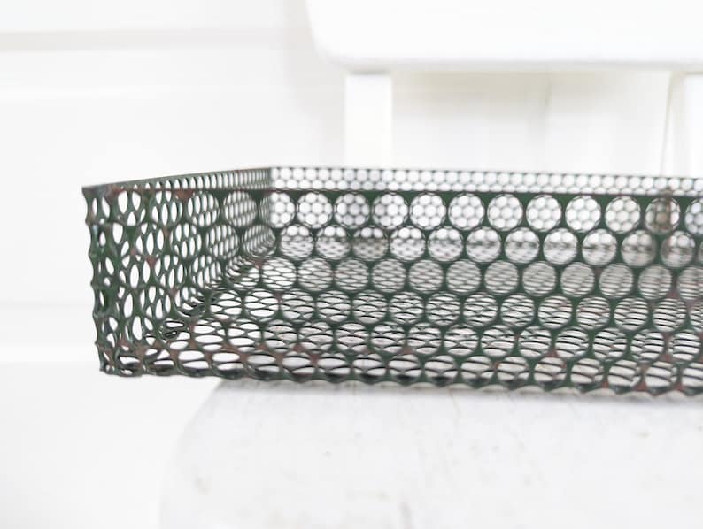 Vintage Green Metal Basket, Green Industrial Basket, Vintage Green Metal Tray, Industrial Basket, Green Desk Office Box, Vintage Paper Bin image 10