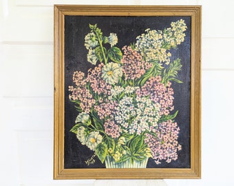 Vintage Lilac Painting, Vintage Floral Painting, Large Flower Painting, Purple White Lilac Floral Painting, Large Floral Oil Painting, Black