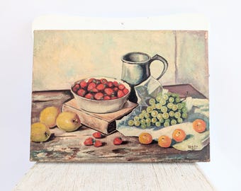 Pintura de bodegón de frutas vintage, pintura de frutas vintage, pintura de naranjas vintage, pintura para cocina y comedor, pintura de fresas