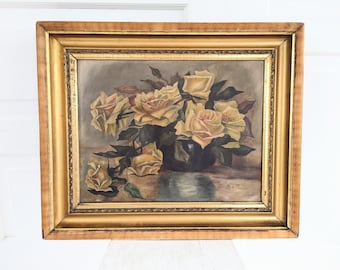 Large Antique Rose Painting, Antique Yellow Rose Oil Painting, Vintage Rose Painting, Antique Floral Painting, Large Vintage Floral Art