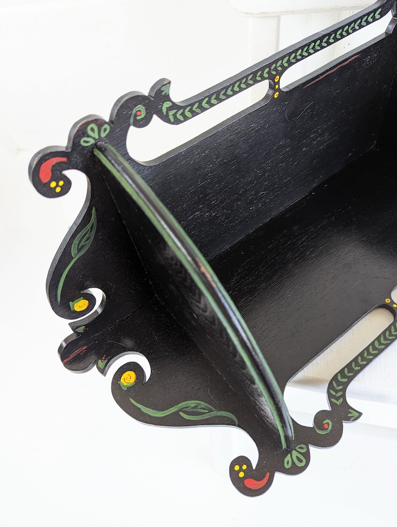 Vintage Corner Shelf, Vintage Wood Shelf, Wood Display Shelf, Black Corner Shelf, Hand Painted Shelf, Bathroom Kitchen Shelf, Folk Art Shelf image 2