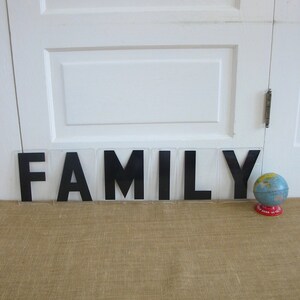 May include: Black block letters spelling out the word "FAMILY" on a burlap surface with a small globe on the right side of the image.