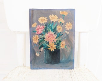 Small Vintage Floral painting, Small Oil Painting, Small Vintage Floral Oil Painting, Vintage Floral Still Life, Vintage Yellow Pink Flowers