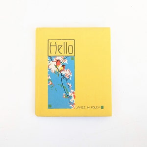 Pode incluir: Um livro amarelo com o t&iacute;tulo "Hello" em texto preto. A capa apresenta uma ilustra&ccedil;&atilde;o azul de um galho de &aacute;rvore com flores cor-de-rosa e dois p&aacute;ssaros amarelos. O nome do autor, "JAMES W. FOLEY", est&aacute; impresso em texto verde na parte inferior da capa.