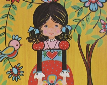 Girl Print Child Art Bird Yellow Kitsch Retro Baby Kid