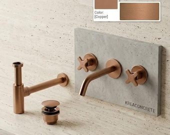 Ensemble de Bain de Luxe : Mitigeur Mural 3 Trous Couleur Cuivre + Siphon + Bonde Pop-up | Design Industriel par Asm Taps