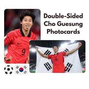 May include: Double-Sided Cho Guesung Photocards featuring two images of a soccer player in a red jersey with the number 9. One image shows the player with their tongue out, and the other shows them holding a South Korean flag. Includes soccer ball icon.